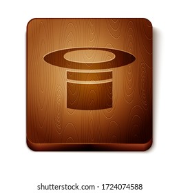 Brown Magician hat icon isolated on white background. Magic trick. Mystery entertainment concept. Wooden square button. Vector Illustration