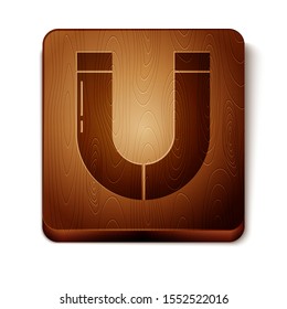 Brown Magnet icon isolated on white background. Horseshoe magnet, magnetism, magnetize, attraction. Wooden square button. Vector Illustration