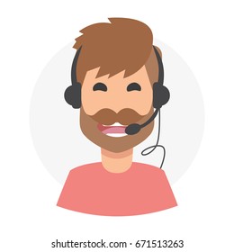 Brown man with beard  24h all the time customer support center via phone. mail operator service icons concept.