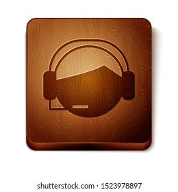 Brown Man with a headset icon isolated on white background. Support operator in touch. Concept for call center, client support service. Wooden square button. Vector Illustration