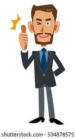 A brown man who  wears a suit and glows a beard raises his thumb up
