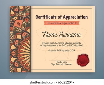 Brown Mandala Bordered Certificate of Appreciation Template Design for Yoga class. Vector illustration