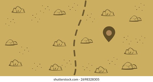 Fondo de mapa marrón con caminos, rocas y hierba
