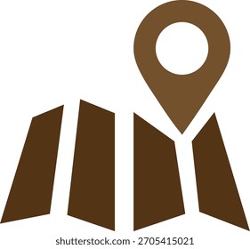 Icono de mapa marrón con pin de ubicación para navegación y viajes