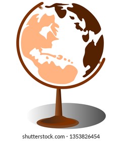 
Brown map on transparent globe, white background, vector image