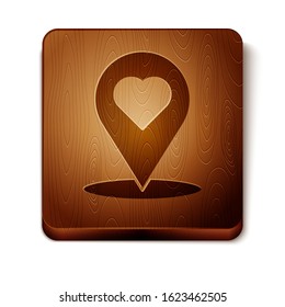 Brown Map pointer with heart icon isolated on white background. Valentines day. Love location. Romantic map pin. Wooden square button. Vector Illustration