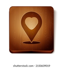 Brown Map pointer with heart icon isolated on white background. Valentines day. Love location. Romantic map pin. Wooden square button. Vector