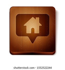 Brown Map pointer with house icon isolated on white background. Home location marker symbol. Wooden square button. Vector Illustration