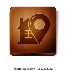 Brown Map pointer with house icon isolated on white background. Home location marker symbol. Wooden square button. Vector Illustration