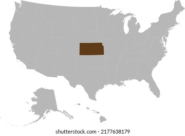 Brown Map of US federal state of Kansas within gray map of United States of America