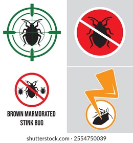 Brown marmorated stink bug icon silhouette. Red Target pesticide stop sign. insect repellent