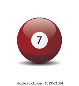 Brown, maroon billiard ball with number seven 7. Vector 3d ilustration icon