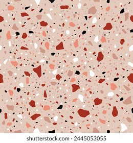 Brown and maroon terrazzo mosaic tile pattern, beige terazzo marble floor, terrazo texture seamless background. Vector ornament with colorful chips within a surface. Ceramic terazo stone background