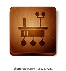 Brown Mars rover icon isolated on white background. Space rover. Moonwalker sign. Apparatus for studying planets surface. Wooden square button. Vector Illustration