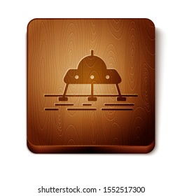 Brown Mars rover icon isolated on white background. Space rover. Moonwalker sign. Apparatus for studying planets surface. Wooden square button. Vector Illustration