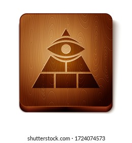 Brown Masons symbol All-seeing eye of God icon isolated on white background. The eye of Providence in the triangle. Wooden square button. Vector Illustration