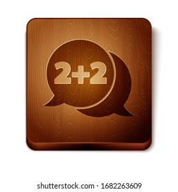 Brown Math system of equation solution on speech bubble icon isolated on white background. Wooden square button. Vector Illustration