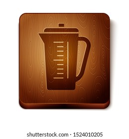 Brown Measuring cup to measure dry and liquid food icon isolated on white background. Plastic graduated beaker with handle. Wooden square button. Vector Illustration