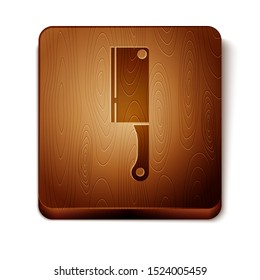 Brown Meat chopper icon isolated on white background. Kitchen knife for meat. Butcher knife. Wooden square button. Vector Illustration