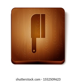 Brown Meat chopper icon isolated on white background. Kitchen knife for meat. Butcher knife. Wooden square button. Vector Illustration