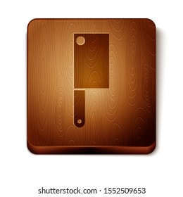 Brown Meat chopper icon isolated on white background. Kitchen knife for meat. Butcher knife. Wooden square button. Vector Illustration