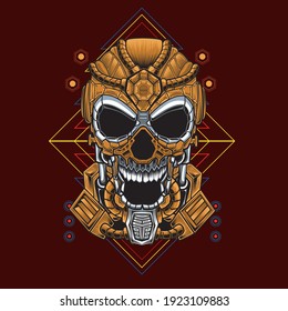 Brown mecha skull illustration with geometric background. suitable for the design of t-shirts, stickers, merchandise, etc.