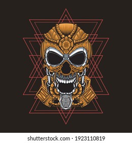 Brown mecha skull illustration with geometric background. suitable for the design of t-shirts, stickers, merchandise, etc.