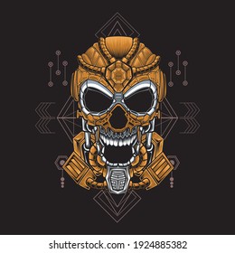 Brown mecha skull illustration with geometric background. suitable for the design of t-shirts, stickers, merchandise, etc.