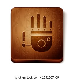 Brown Mechanical robot hand icon isolated on white background. Robotic arm symbol. Technological concept. Wooden square button. Vector Illustration