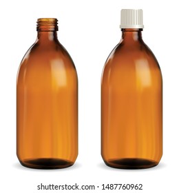 Brown Medical Bottle. Amber Glass Vial. Syrup Jar. Realistic Pharmaceutical Container Blank Illustration for Liquid Vitamin or medicament. Essential Packaging Template with Screw Cap for Antiseptic