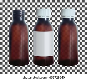 Brown medical bottle with a lable. Vial transparent glass template. Isolated vector.