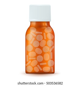 Brown medical bottle with pills. Vector illustration isolated on white background