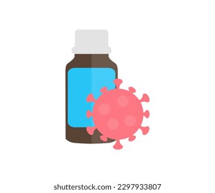 Brown medicine bottle with label and blank and infection virus logo design. Pharmacy treatment, health, medication vitamin vector design and illustration.


