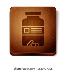 Brown Medicine bottle and pills icon isolated on white background. Bottle pill sign. Pharmacy design. Wooden square button. Vector Illustration