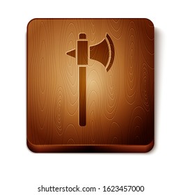 Brown Medieval axe icon isolated on white background. Battle axe, executioner axe. Wooden square button. Vector Illustration