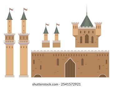 Brown medieval castle with towers, walls, and flags on turrets. Includes multiple tall towers with red flags and a central fortified structure. Ideal for historical themes fantasy themes educational