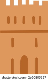 Ilustração da parede do castelo medieval marrom com janelas e batalhas em arco