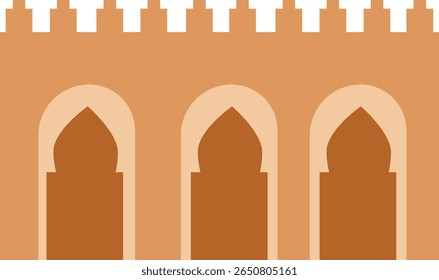 Ilustração da parede do castelo medieval marrom com janelas e batalhas em arco