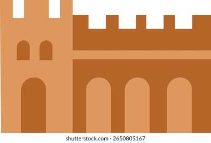 Ilustração da parede do castelo medieval marrom com janelas e batalhas em arco