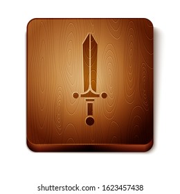 Brown Medieval sword icon isolated on white background. Wooden square button. Vector Illustration