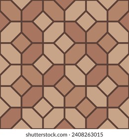 Brown Mediterranean tile pavement top view pattern, street cobblestone, garden sidewalk mosaic with hexagonal blocks. Vector road paving bricks. Flooring laminate or parquet for interior or exterior