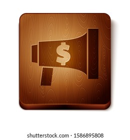 Brown Megaphone and dollar icon isolated on white background. Loud speach alert concept. Bullhorn for Mouthpiece scream promotion. Wooden square button. Vector Illustration