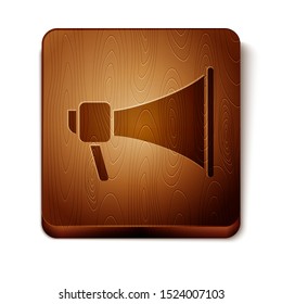 Brown Megaphone icon isolated on white background. Speaker sign. Wooden square button. Vector Illustration