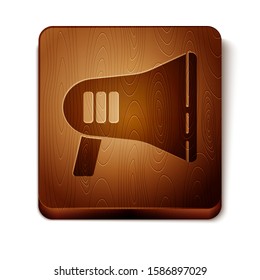 Brown Megaphone icon isolated on white background. Loud speach alert concept. Bullhorn for Mouthpiece scream promotion. Wooden square button. Vector Illustration