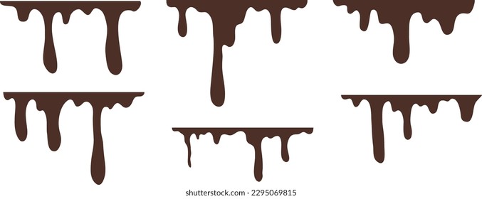 Brown melting drips chocolate collection. melt drips chocolate abstract liquid vector elements. border and drips ink set