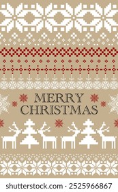 Brown Merry Christmas and New Year. Brown and white seamless ethnic pattern. Christmas ethnic pixel pattern with Nordic flowers, pine trees, reindeers and baubles for winter hats, sweaters and jumper.