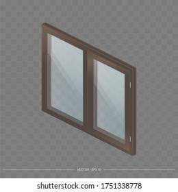 Brown metal-plastic window with transparent glasses in 3D. Modern window in a realistic style. Isometry, vector illustration.