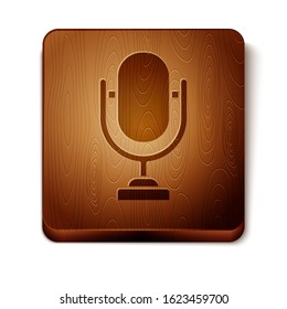 Brown Microphone icon isolated on white background. On air radio mic microphone. Speaker sign. Wooden square button. Vector Illustration