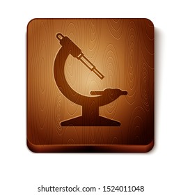 Brown Microscope icon isolated on white background. Chemistry, pharmaceutical instrument, microbiology magnifying tool. Wooden square button. Vector Illustration