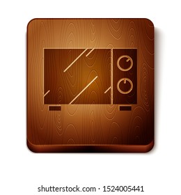 Brown Microwave oven icon isolated on white background. Home appliances icon. Wooden square button. Vector Illustration